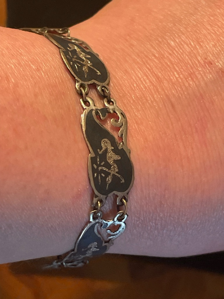 Antique Siam Sterling Silver 925 Panel Bracelet. Niello Dancer. Thailand